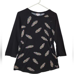 LuLaRoe Black long sleeve t-shirt with colorful feather pattern size medium